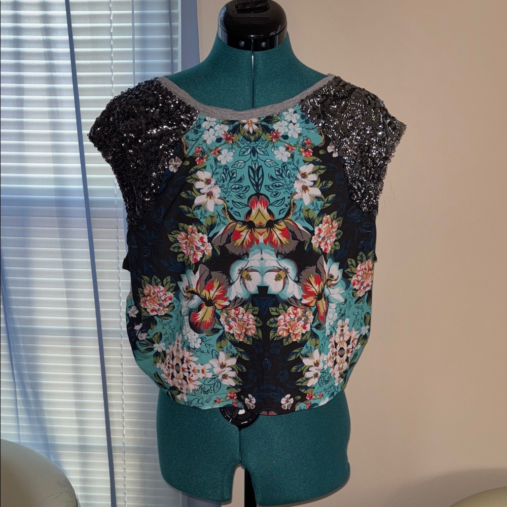Xhilaration Black and Teal Floral Sequin Top